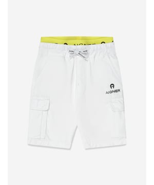 Aigner combine utilitarian styles with a futuristic elegance. These boys bright white shorts are reflective of the label's passion for innovative abstracts. Made in a refined cargo style with a yellow tape branded waistband and pockets. This beautiful design is signified by an 'Aigner' embroidered print to promote brand recognition. Cotton 100%  Elastic Drawstring  Yellow Tape Branded Waistband Pockets 'Aigner' Embroidered Print  Utilitarian Side PocketsAigner : Kids Size4Y: 40" / 104cm 5Y: 43" / 110cm6Y: 45"/ 116cm8Y: 50" / 128cm10Y: 55" / 140cm12Y: 59" / 152cm14Y: 64" / 164cm