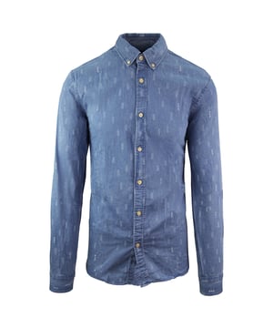 Scotch &amp; Soda Regular Fit Printed Denim Long Sleeve Blue Mens Shirt 144155 62113