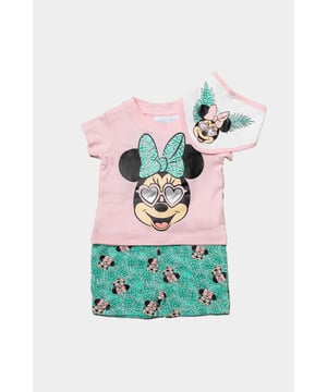 This Disney Baby Minnie Mouse set is the perfect for the little one in your life, this three-piece set features a tropical Minnie Mouse print and details. It includes a short-sleeved top with popper fastening, shorts, and an adorable matching bib. This matching set makes outfit planning easy and would be an adorable gift too!