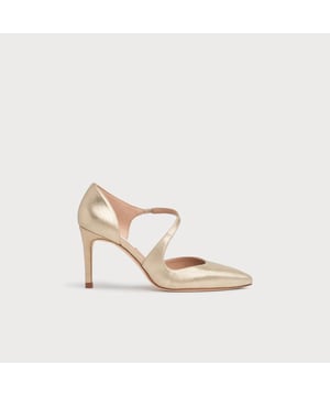 Our Victoria courts, with their stylish d'orsay cut, look beautiful on the foot. Crafted in Spain from shimmer gold suede, this sleek style has a pointed toe, asymmetric cut-out detail and a slender 85mm stiletto heel. Wear Victoria as an alternative to a full court during the occasion season.