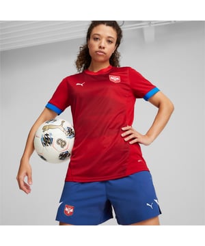 PRODUCT STORY: The Serbia 2024 Home Jersey celebrates the pride, precision, and passion of Serbian football. This jersey embodies the spirit of the national team, providing fans the look and feel of the team on the pitch that way you can support the Eagles to a proud victory. FEATURES & BENEFITS: As part of the RE:FIBRE program, this garment is made of at least 95% recycled material from textile waste and other used materials.; dryCELL: Performance technology designed to wick moisture from the body and keep you free of sweat during exercise. DETAILS: Regular Fit; 170 gsm, double face jacquard knit fabric; Crew neck; Short sleeves; Official team logo on chest.