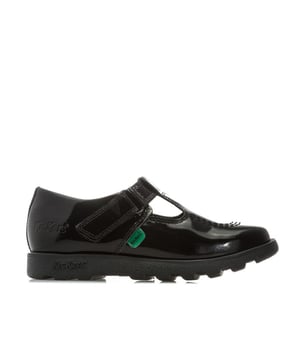 Children Girls Kickers Fragma T-Bar Patent Shoes in Black<BR><BR>- Hook and loop strap fastening<BR>- Shiny patent leather upper<BR>- Classic triple stitch detail<BR>- Iconic red and green logo tabs<BR>- Ridged rubber sole for traction and durability<BR>- Embossed branding to side<BR>- Leather Upper  Textile Lining  Synthetic Sole<BR>- Ref: 115178