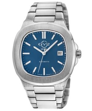 Potente – meaning strong, powerful solid – is an unyielding addition to the Men’s GV2 Collection. Distinguished and distinctive, the Potente Collection features a pronounced 39mm watch face framing a bold, pin cushioned dial, luminous hands and hour markers highlighting the date at 3 o’clock.
With undeniable strength comes great power, and that’s why the robust exhibition case back offsets Potente’s push pull crown and deployment buckle. This collection’s unmistakable, powerful design accompanies the same Swiss automatic movement that makes Gevril a time-honored tradition.
Get noticed, be bold – Potente.

GV2 18117B Men's Potente Swiss Automatic Watch

GV2 Men's Swiss Automatic watch from the Potente Collection
39mm 316L Stainless Steel case, Dark Blue Pin Cushioned dial
Push Pull Crown, Date at 3 o’clock
Exhibition Case Back, Luminous hands and hour markers
316L Stainless Steel Bracelet With Deployment Buckle
Anti-reflective Sapphire Crystal
Water Resistant to 50 Meters/5ATM
Swiss Automatic Movement MD3G