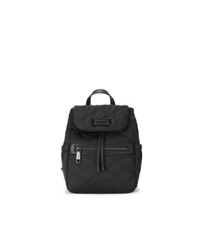 This Carvela Taylor Midi Backpack is a black nylon style with overstitch diamond design. The front flap has a branded plate and there is a zipped pocket on the front. Dimensions: 29cm (H),  24cm (L), 10cm (D). Strap length: 99cm.