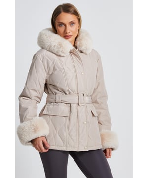 - Padded - Diamond quilted - Faux fur trim - Belted detail - Pockets - Model height: 5' 9" - Model wears uk 8 / us 4 / eur 36 - Always check the care wash label - Cool hand wash with mild detergent