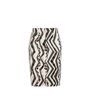 Falda lápiz hasta la rodilla en tejido elástico estampado de estilo gabardina. Cremallera oculta en la espalda y abertura trasera de 9 cm. Forro de color crema. Largo para la talla 38: 57 cm.