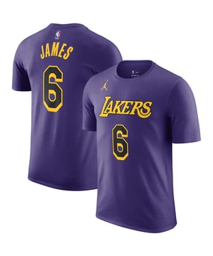 Let your young Lakers fan celebrate their favorite player in style with the Jordan NBA Los Angeles Lakers 06 James LeBron Kids Statement T-Shirt. Combining comfort, performance, and iconic design, this t-shirt is perfect for game days, school, or everyday wear. 
Key Features: 
-Iconic Team and Player Graphics: 
Features the Los Angeles Lakers' signature colors, with LeBron James' name and number 6 prominently displayed on the back and the iconic Jumpman logo on the front, merging the best of NBA and Jordan brand. 
-High-Quality Fabric: 
Made from a soft and durable cotton blend that ensures all-day comfort, whether they're playing basketball or just hanging out. 
-Breathable and Lightweight: 
The fabric is breathable and lightweight, perfect for keeping young fans cool and comfortable during active play or warm weather. 
-Athletic Fit: 
Designed with an athletic fit that allows for a full range of motion, making it suitable for sports and everyday activities. 
-Durable Construction: 
Reinforced stitching ensures durability and long-lasting wear, even for the most active fans. 

Let your child proudly display their support for LeBron James and the Los Angeles Lakers with this stylish and comfortable Jordan NBA Kids Statement T-Shirt. It's the perfect addition to any young fan's wardrobe.