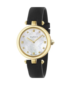 Brand: GucciBrand Code: YA141404Case Width: 32mmCase Material: Stainless SteelDial Color: BlackWatch Markers: DiamondsWater Resistant: 50 MetersMovement: QuartzStrap Material: LeatherStrap Colour: BlackClasp Type: Traditional BuckleCase Shape: Round