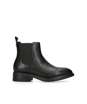 The KG Kurt Geiger Tiffany Chelsea boot features a black leather upper with two elasticated panels at the sides of the ankle. There is a KG Kurt Geiger tab at the back of the ankle with gunmetal stud on top.