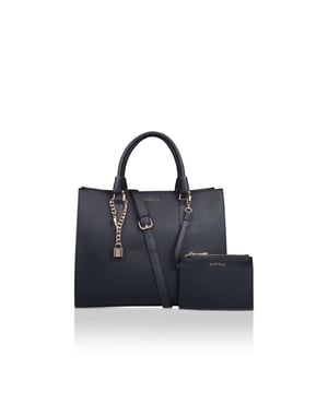 The Latte bag arrives in black with two top handles or optional cross body strap. There is a branded gold metal lock charm as well as optional purse on the front. The interior is fastened by zip.