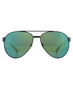 Lacoste Sunglasses L185S 315 Matte Green Green Mirror are a classic pilot style with double bridge and thick plastic arms featuring the ubiquitous Lacoste alligator logo at the temples.