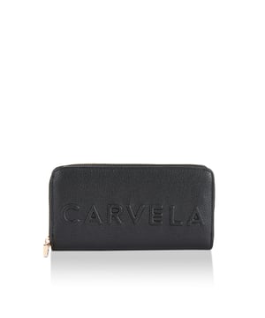 The Frame Purse features a textured black exterior with embossed Carvela logo. The zip closure opens to an interior with multiple card slots and zipped compartment. Dimensions: 10cm (H), 19cm (W), 2cm (D).