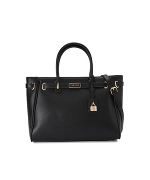 The Carvela Violet Belted Tote bag features a textured black upper that is accented with a branded belt around the straps. Dimensions: 25cm (H), 34cm (L), 15cm (D). Strap length: 126cm.