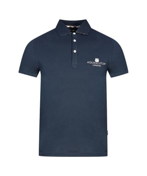 Aquascutum London Bold Logo Navy Blue Polo Shirt. Aquascutum Navy Polo Shirt. Branded Logo, Short Sleeves. Stretch Fit 95% Cotton 5% Elastane. Regular Fit, Fits True To Size. Style Code: QMP041 85