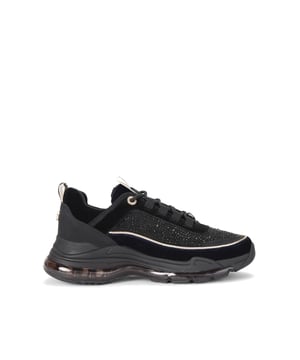 The KG Kurt Geiger Legit Sneaker is a black and navy sneaker with crystal embellishment and tubular lace up front. There are two KG Kurt Geiger branded tape tabs on the tongue and heel. The sole is in a bubble style.