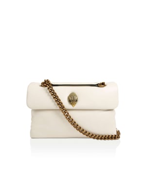 KGL Kew Bag is a white, leather bag featuring a brass jewelled eagle and chain straps, with an option of cross body or shoulder wear.