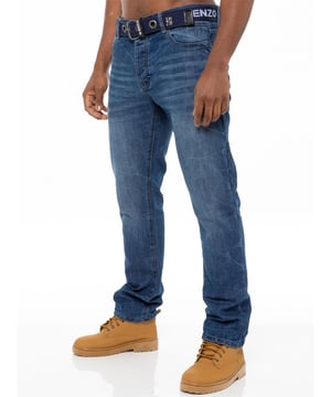 Enzo Mens Designer Straight Leg Stretch jeans. 5 pockets, Button Fly. Free Branded Belt Included. Branded Rivets and Buttons. Embossed Logo Branding on the Front, Back pocket.