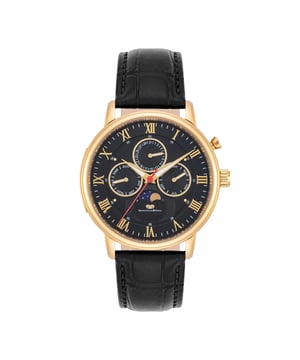 The timepiece from the Rhodenwald & Sons manufacture is based on the design of legendary chronograph icons and is a popular collector's item as a limited collection with 999 copies. The functions date, month and weekday are integrated into a tricompax arrangement to 9-12-3 and supplemented by a moon phase display. Other highlights are the multi-layer dial, striking Roman digits and a comfortable real leather bracelet with crocodeling and contrast seam. The housing is made of robust stainless steel and refined with yellow gilding. An uncomplicated companion to a suit as well as the jeans!