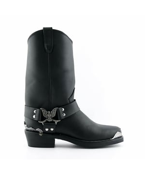 These high leg boots are characterised by a metal eagle which fastens the tri harness straps that runs around the foot and is studded and secured by a metal ring on the opposite outer side. Additional metal accenting is seen at the heel and the toe to stand out against the matt black finish of this boot. The sole has been welted using the good year method to give a strong and sturdy quality that assures that it, like the rest of the boot will hold up for years to come. • High Leg Harness Boots • Goodyear Welted • Leather upper • Rubber soles • Metal Eagle Decorations