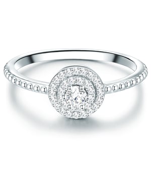 Do you love the classic entourage design of engagement rings? Then this ring of the 1934 manufacture is the perfect choice! Three circular-shaped ligaments made of zirconia crystals in brilliant cut are modeled on a solitaire and create a sparkling eye catcher. The ring rail is occupied with filigree metal balls-a minimalist-modern interpretation of the popular memoire look. The 925 sterling silver ring is protected with a high -quality rhodium layer from starting and retains its radiant silver gloss for so long. An attractive alternative to expensive diamond rings!