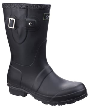 Ladies short waterproof wellington with adjustable wide fit at the calf. A practical lightweight fashion wellington.Calf height waterproof wellington boot. 
Flexible and lightweight PVC upper. 
Extra-wide gusset opening at calf. 
Adjustable side fit buckle closure. 
Moulded contoured upper and textured rim.