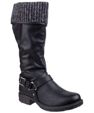 Ladies tall boot with urban knitted cuff and daring straps and buckle feature.  Chunky bark embossed sole with textured half welt for added attitude.Daring tall boot with dramatic buckle & straps feature. 
Fun comfort knitted fold over cuff. 
Individual metallic triangle central 3-way strap feature. 
Full inside zip opening for easy access.