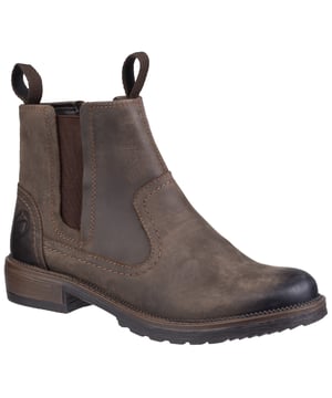 A traditional country boot with classic oiled leathers and comfort-fit asymmetric elasticated gussets. Laverton is a stylish performer in wet weather with its internal waterproof membrane and easy-wear pull loops.Comfortably soft crazy horse oily leather upper. 
Vintage-look tonal contrast stitching accents. 
Modern half cut asymmetric stretch panels. 
Durable canvas front and rear pull loops. 
Signature debossed Cotswold acorn logo.