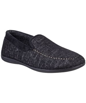 Inspired by the cosy wintry nights in Cotswold cottages, comes this luxurious mens loafer slipper with subtle contrast stitch moc toe. An understated chequer tint adorns the upper whilst tonal overlays add countryside style.Mens slip-on closed-back loafer slipper. 
Subtle moccasin toe with contrast stitching accents. 
Luxurious chequer tinted smooth microfibre upper. 
Tonal colour block faux suede collar and back panel. 
Cosy microfibre faux wool felt lining and foot bed.