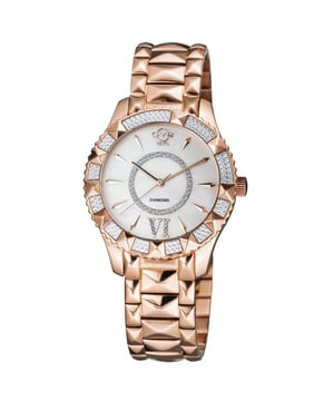 Perfected Swiss craftsmanship inspired by iconic Italian design. The Venice Collection by GV2 embodies the poetic beauty and notable fashion of Venice, Italy. Adorn wrists in this stunning series of diamond quartz timepieces. Ion-plated gold and stainless steel bands glint off the round, diamond cut bezel. Enchanting details, like six diamond inlays surrounding a sapphire face, delicately juxtapose a geometric bracelet. Classic yet stylish, the Venice Collection captures the beauty and romance of its namesake.
GV2 11711-929 Women's Venice Diamond Quartz Watch
GV2 Swiss Watch from the Venice Collection
39 mm Round IP Rose Gold Case/Push Pull Crown
Diamond Cut Bezel, White MOP Dial, 8 Diamonds on Indice 6
IP Rose Gold Bracelet with Deployment Buckle
Anti-reflective Sapphire Crystal
Water Resistant to 50 Meters/5ATM
Swiss Quartz Movement Ronda 763.