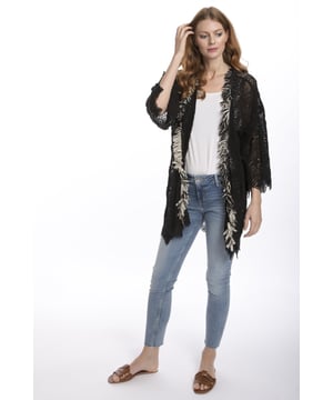 Please note all One-Size Jayley products comfortably fit sizes 8-14. Vintage lace open Jayley jacket with luxurious lace fringe trim in contrasting colours 