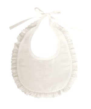 A mock silk bib with an embroidered cross, lined in 100% cotton.   The fabric is japanese polyester - looks like silk!
It comes in an organza gift bag and gift tags and compliments our Heritage range.
