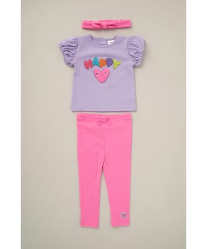 Discover joy and comfort with this Lily & Jack's Happy Bubble Top Set! This adorable ensemble features a cheerful 'Happy' inscription in bubbly writing, adorned with a cheerful love heart, on a machine-washable top. Paired with ribbed leggings for flexibility and a matching bow headband, this set is perfect for active play and everyday adventures. Elevate your little one's style while ensuring easy care and durability.