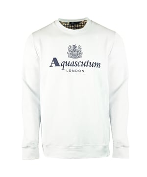 Sweat-shirt blanc avec logo Aquascutum Waterfield. Sweat-shirt blanc avec logo Aquascutum Waterfield. Col, extrémités des manches et taille élastiqués. Pull 100% coton. Coupe régulière, s'adapte à la taille. Fabriqué en Italie, QMF002L0 01