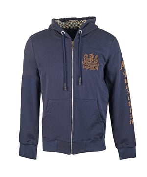Aquascutum Waterfield Logo Marinefarbener Kapuzenpullover mit Reißverschluss. Aquascutum Waterfield Logo Marinefarbener Kapuzenpullover mit Reißverschluss. Kapuze gefüttert mit Signature Check. Pullover aus 100% Baumwolle. Normale Passform, Größengerecht. Hergestellt in Italien, QMF014L0 03