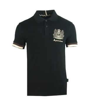 Aquascutum Aldis Crest-logo zwart poloshirt. Aquascutum zwart poloshirt. Merklogo, korte mouwen. Stretch pasvorm 94% katoen 6% elastaan. Normale pasvorm, valt normaal qua maat. QMP023 02