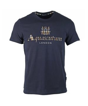 Aquascutum Signature Check Logo Navy T-Shirt. Aquascutum Signature Check Logo Navy Tee. Crew Neck, Short Sleeves. Stretch Fit 95% Cotton 5% Elastane. Regular Fit, Fits True To Size. Made In Italy, QMT003M0 05