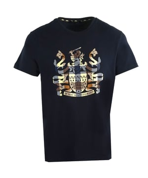 Aquascutum Aldis geruit logo marineblauw T-shirt. Aquascutum marineblauw T-shirt. Ronde hals, korte mouwen. Stretch pasvorm 95% katoen 5% elastaan. Normale pasvorm, valt normaal qua maat. Gemaakt in Italië, QMT009M0 05