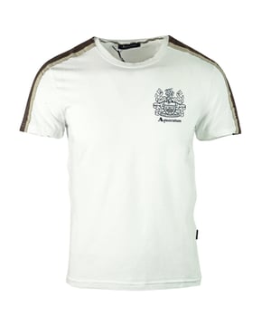 Aquascutum Schulterstreifen Weißes T-Shirt. Crew-Neck, kurze Ärmel. Stretch-Fit 95% Baumwolle 5% Elasthan. Reguläre Passform, fällt der Größe entsprechend aus. Hergestellt in Italien, QMT017M0 01