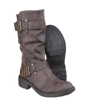Bruine Rocket Dog halfhoge dameslaarzen met rits, slouch bovenwerk en wikkelband en gesp in bikerstijl. Deze dameslaarzen hebben een voering van textiel voor extra warmte en een blokhak van 4 cm.