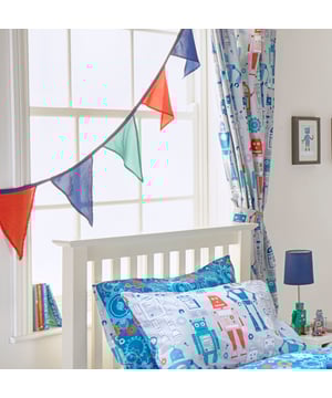 Whether your child is a tech genius or just likes to wipe their jammy fingers all over the TV they'll love the Robot curtains. These wonderful children's curtains have a pencil pleat header making them a good fit for any window area and come fully lined. The Robot curtains come with two fully matching, stainless steel ringed tiebacks. Specifically made to coordinate with the matching Riva Home Robot duvet set, toy and wall mural for a truly immersive experience.