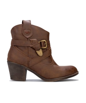 Womens Rocket Dog Satire Lane Boots in dark brown.Faux leather western style boot.- Almond shaped toe.- Pull on construction.- Side pull-on tabs.- Decorative wraparound buckled strap.- Floral lining at inner collar.- Soft faux suede lining.- Western style block heel.- Embroidered Rocket Dog logo to side.- Heel height 2.75in (7cm) approximately.- Synthetic upper  Textile lining  Synthetic sole.     - Ref: SATIRELEMeasurements are intended for guidance only.