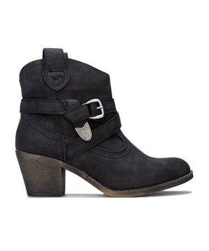 Womens Rocket Dog Satire Lane Boots in Black.- Faux leather western style boot.- Comfortable lining to inner collar.- Almond shaped toe.- Ankle strap and buckle detail.- Side pull-on tabs.- Rocket Dog branding to side.- Heel height 2.75in (7cm) approximately.- Boot height 3.75in (9.5cm) approximately (back measurement).- Synthetic upper  Textile lining  Synthetic sole.- Ref: SATIRELANE