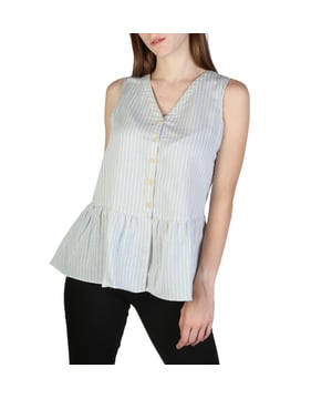 Kollektion: Frühling/Sommer <br> Geschlecht: Damen <br> Typ: Oberteil <br> Verschluss: Knöpfe <br> Ärmel: ärmellos <br> Ausschnitt: V-Ausschnitt <br> Material: Baumwolle 74%, Leinen 26% <br> Muster: gestreift <br> Pflege: Handwäsche <br> Modellhöhe, cm: 173 <br> Modell trägt Größe: M <br> Details: sichtbares Logo