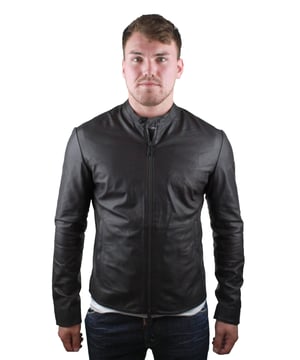 Emporio Armani W1B50P W1P52 0479 Leather Jacket. Experience luxury with Emporio Armani's  Leather Jacket. Expertly crafted from 100% lamb leather, this timeless biker style jacket features a central zip closure and branded badge on the left arm, adding style and elegance to your everyday wardrobe. Feel the quality with this classic.. Branded Zips. EA Branding on Left Shoulder, Chinese Collar. Style - W1B50P W1P52 0479. 100% Lambskin Leather