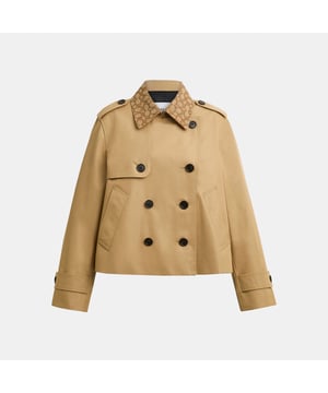 Short Trench with Signature Collar, Model is 5'10" (178cm), chest 31" (79cm), waist 24" (61cm), hips 35" (89cm) and wears a size S, Slip pockets,  Length: 56.00 cm