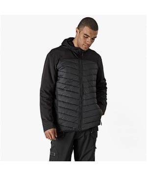 Dickies GENERATION HYBRID Herrenjacke Schwarz\n\nVerschluss: Reißverschluss\n\nEigenschaften: Warme Fütterung, Komfort\n\nArtikelgewicht: 1 KG\n\nMaterialzusammensetzung: Polyester\n\nKleidungsmerkmale: Voller Reißverschluss, Stretchkapuze mit drei Paneelen, Elastische Abschlüsse an Saum und Ärmel, Reflektierende Details, Innentasche für die Brust\nProduktcode: TEST_STB_36411-67879