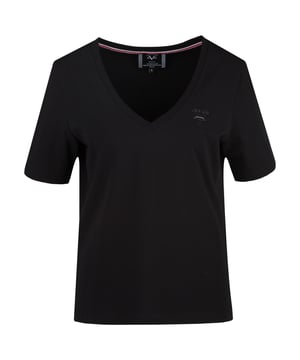 Schlichtes T-Shirt mit V-Ausschnitt und dezenter Logostickerei. Der hochwertige Baumwoll-Elasthan-Mix sorgt für hohen Tragekomfort und eine perfekte Passform.