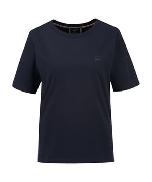 Klassisches T-Shirt mit dezentem Logo-Patch und Rundhalsausschnitt. Der hochwertige Baumwoll-Elasthan-Mix sorgt für hohen Tragekomfort und eine perfekte Passform.