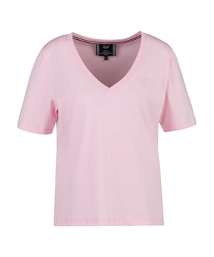Schlichtes T-Shirt mit V-Ausschnitt und dezenter Logostickerei. Der hochwertige Baumwoll-Elasthan-Mix sorgt für hohen Tragekomfort und eine perfekte Passform.