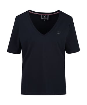 Schlichtes T-Shirt mit V-Ausschnitt und dezenter Logostickerei. Der hochwertige Baumwoll-Elasthan-Mix sorgt für hohen Tragekomfort und eine perfekte Passform.
